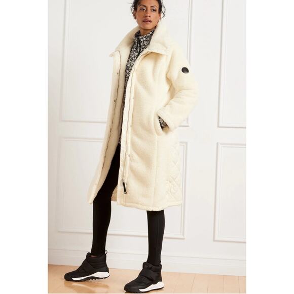 T By Talbots Cozy Sherpa Coat Long Neutral Minimalist Ivory Size MP Petite - Picture 1 of 6